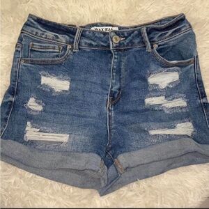 Wax Jean medium blue distressed denim roll-hem shorts